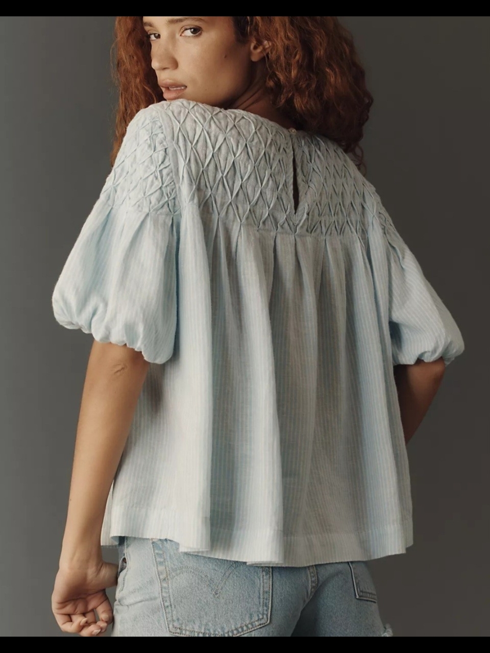 Anthropologie Light Blue Smocked Puff Sleeve Blouse